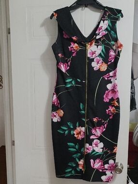 Enfocus Studio Black Midi Dress with Pink & Orange Floral Print